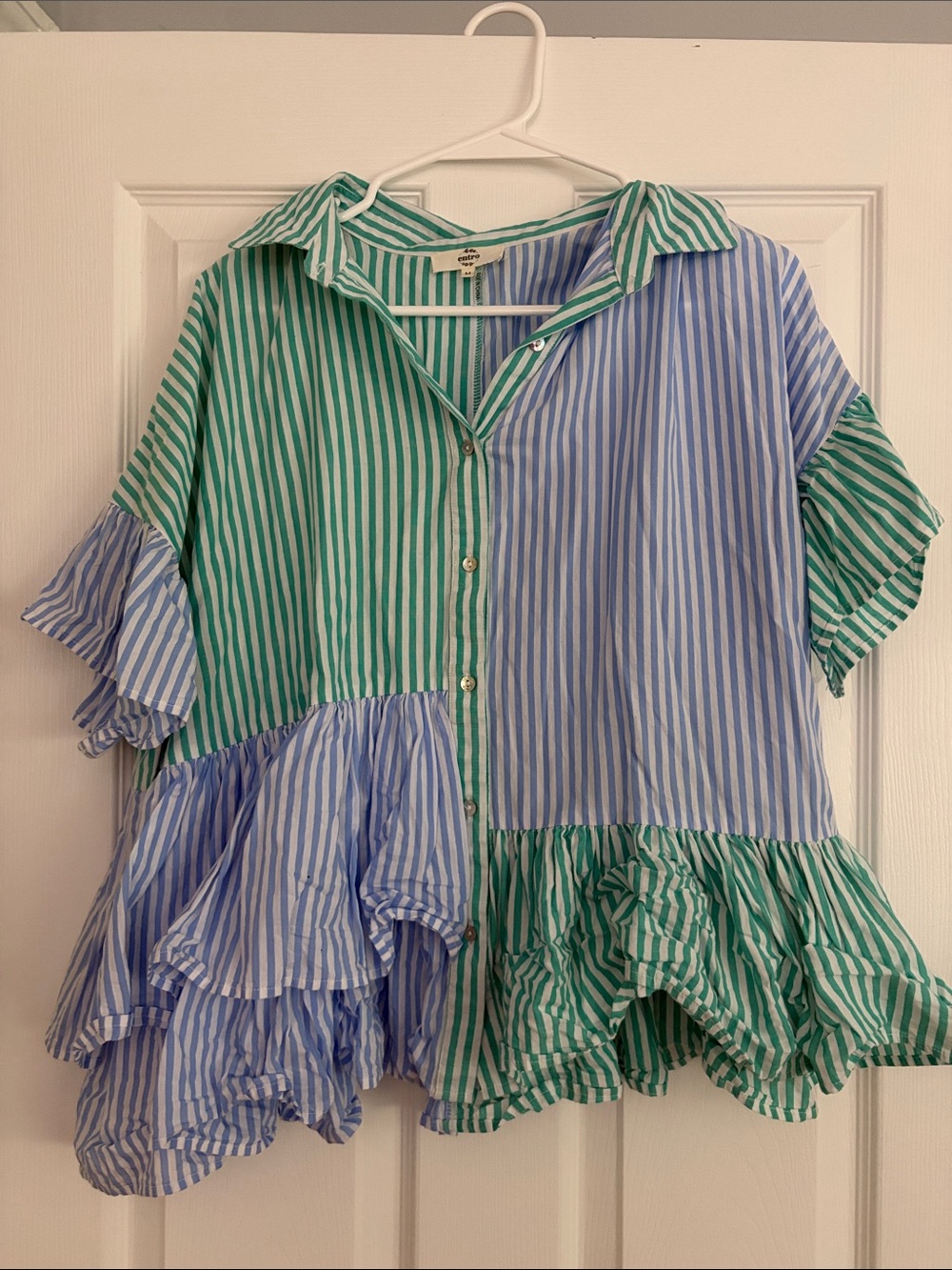 entro Two-Tone Striped Ruffle Button-Up Top - Blue & Green